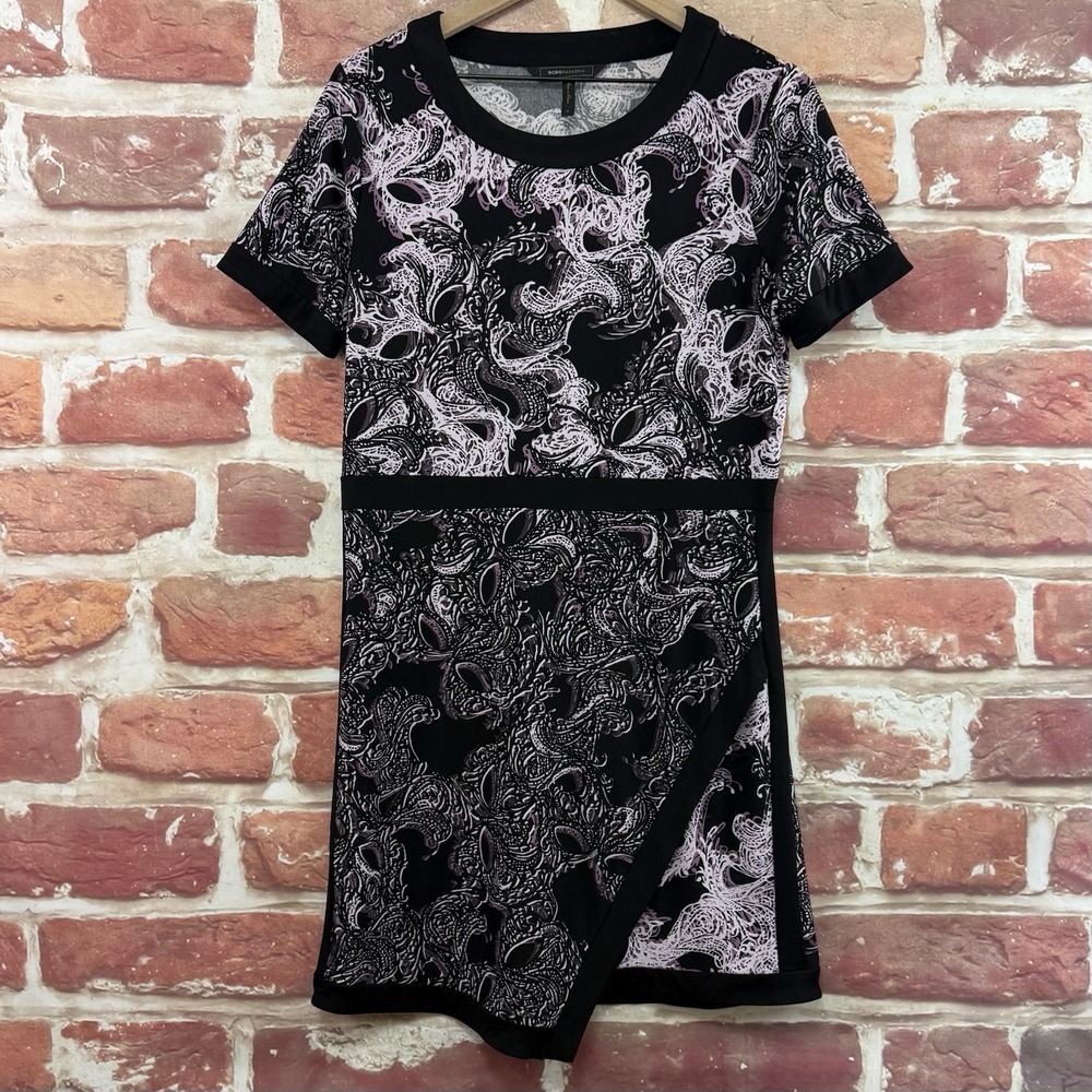 BCBG MAXAZRIA Dress Women's M Black Multicolor Boho Floral Surplice Hem Casual